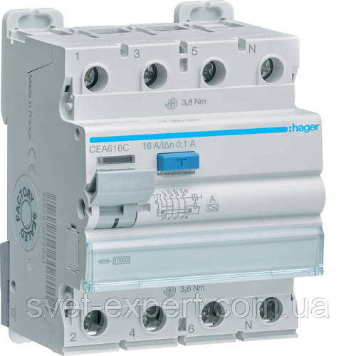 Діфреле (УЗО) Hager CEA616C - 4 полюси 10kA 16A 100mA A