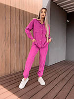 Женский брючный прогулочный костюм-двойка из микровельвета: Штаны и Рубашка на кнопках Цвет Ярко-розовый