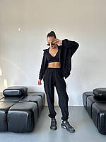 Стильный женский велюровый спортивный костюм с капюшоном Черный 42/44