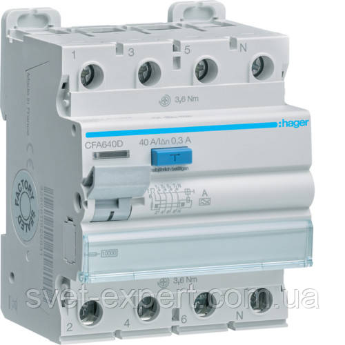 Діфреле (УЗО) Hager CFA640D - 4 полюси 10kA 40A 300mA A