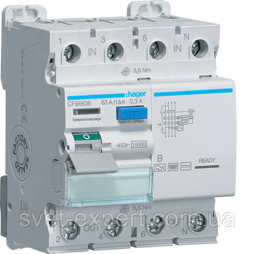 Діфреле (УЗО) Hager CFB663E - 4 полюси 10kA 63A 300mA B