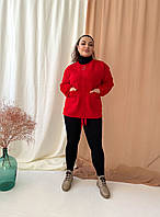 Женское меховое короткое пальто-пиджак больших размеров из шерсти альпаки оверсайз р.48-54. Арт-3659/39 красное