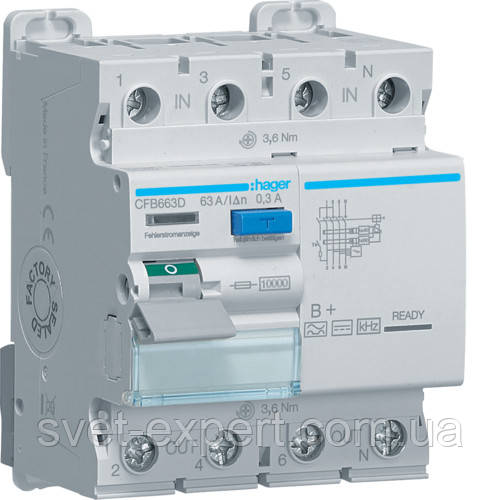 Діфреле (УЗО) Hager CFB663D - 4 полюси 10kA 63A 300mA B+