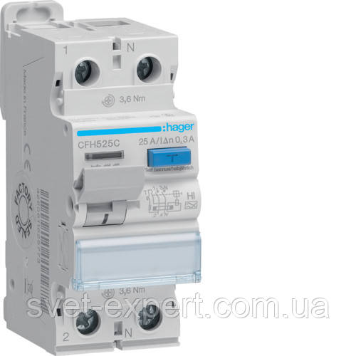 Діфреле (УЗО) Hager CFH525C - 2 полюси 10kA 25A 300mA A-Hi