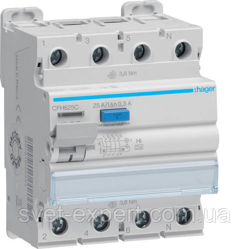 Діфреле (УЗО) Hager CFH625C - 4 полюси 10kA 25A 300mA A-Hi