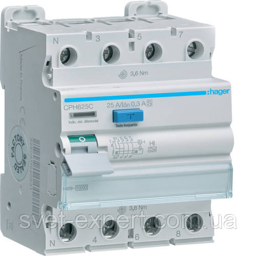 Діфреле (УЗО) Hager CPH625C - 4 полюси 10kA 25A 300mA A-Hi S
