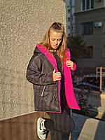 Новинка двусторонняя зимняя женская куртка эко-мех овчина, плащевка на синтепоне; размер 42-48 oversize Малиновый