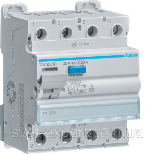 Діфреле (УЗО) Hager CDA625D - 4 полюси 10kA 25A 30mA A, фото 1