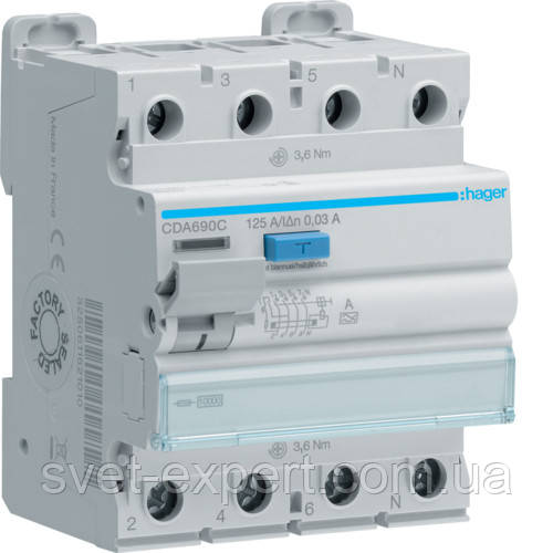 Діфреле (УЗО) Hager CDA690C - 4 полюси 10kA 125A 30mA A