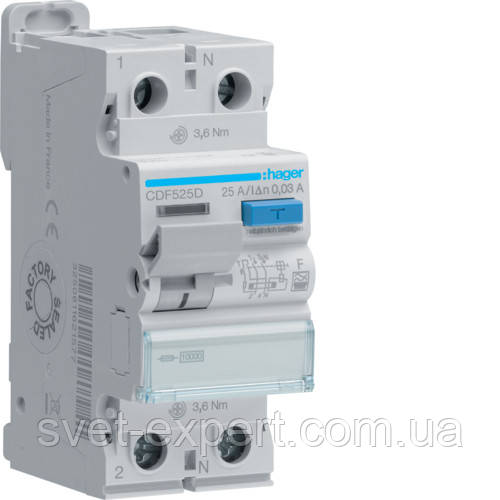 Діфреле (УЗО) Hager CDF525D - 2 полюси 10kA 25A 30mA F