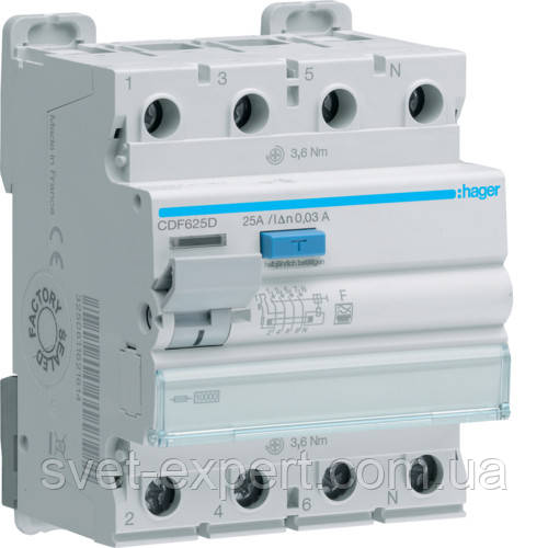 Діфреле (УЗО) Hager CDF625D - 4 полюси 10kA 25A 30mA F