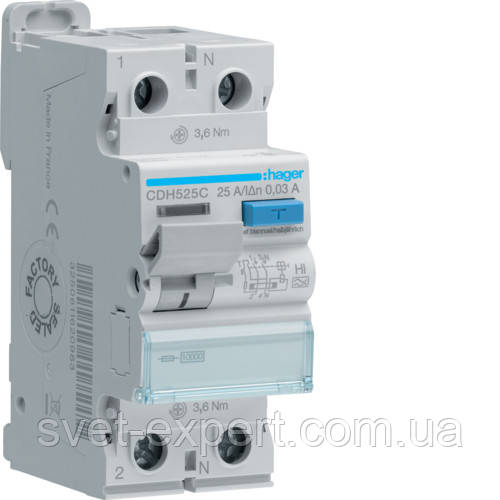 Діфреле (УЗО) Hager CDH525C - 2 полюси 10kA 25A 30mA A-Hi