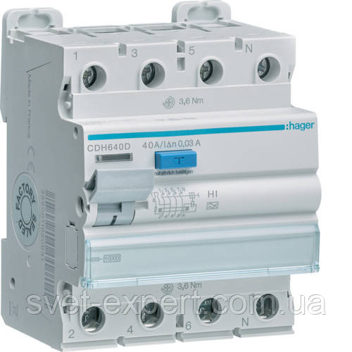 Діфреле (УЗО) Hager CDH640D - 4 полюси 10kA 40A 30mA A-Hi
