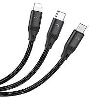 Кабель hoco. U104 Ultra 3-в-1 Lightning 2.4A   Micro-USB 2.0A   Type-C 6AQC   FCP   AFC 1.2 м EV, код: 7812773