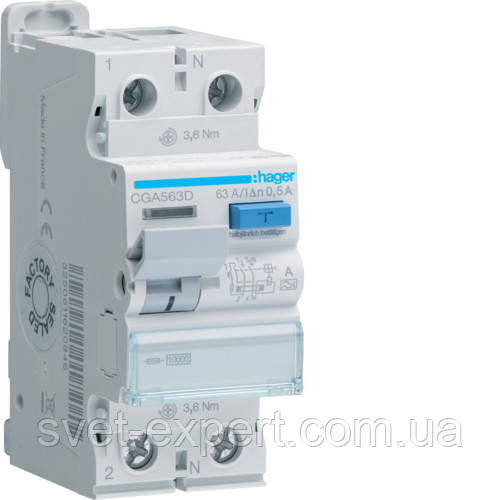 Діфреле (УЗО) Hager CGA563D - 2 полюси 10kA 63A 500mA A