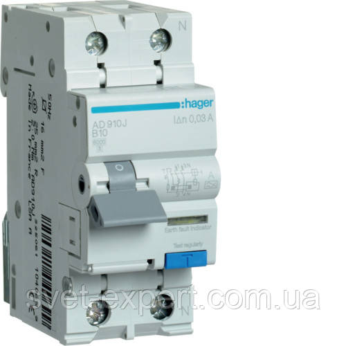 Дифавтомат Hager AD910J, 1P+N 6kA B-10A 30mA A