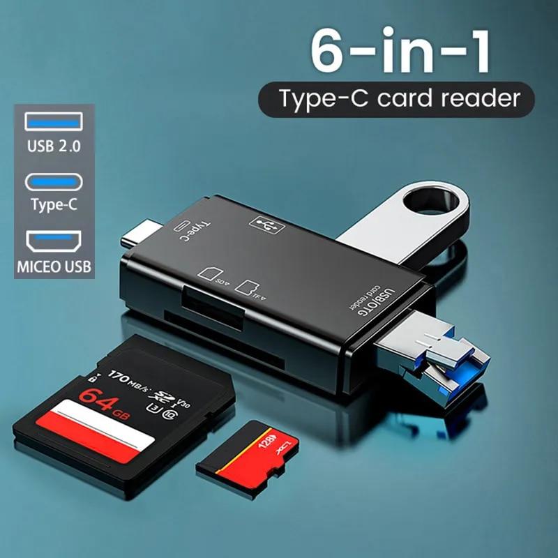 Кардридер OTG конвертер хаб 480Mbps Micro USB, Type-C, USB M, USB F + SD/TF Card (6 в 1) Black