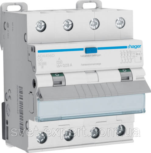 Дифавтомат Hager ADX456D, 4 полюси 10kA C-6A 30mA A