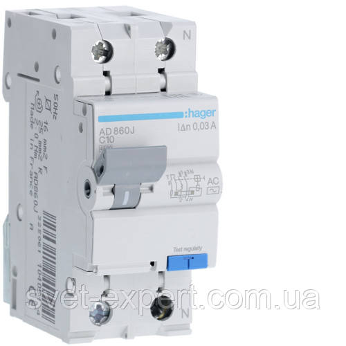Дифавтомат Hager AD860J, 1P+N 4.5 kA C-10A 30mA AC