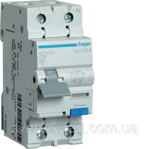 Дифавтомат Hager AD970J, 1P+N 6kA C-20A 30mA A