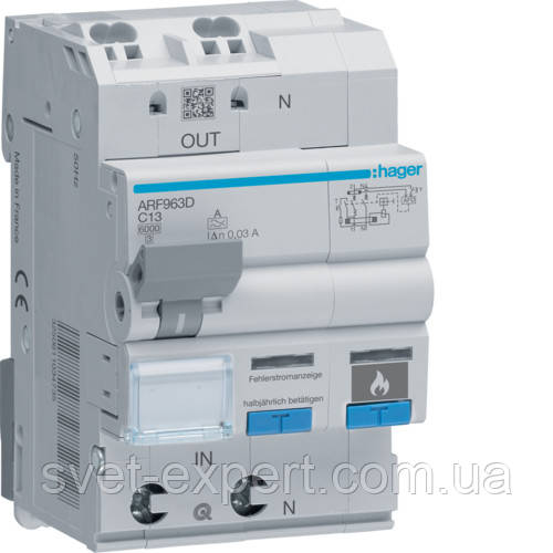 Дифавтомат Hager ARF963D, з дуговим захистом AFDD, 1P+N 6kA C-13A 30mA A