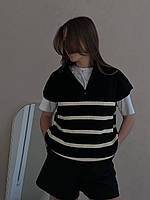 Черный женский жилет оверсайз в полоску на молнии/ женская вязаная жилетка на рубашку