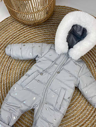 Зимовий дитячий теплий комбінезон з пінетками та рукавичками для новонароджених розміри 74 80 86 від півроку до півтора року, фото 2