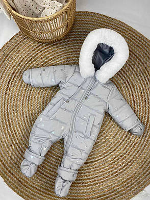 Зимовий дитячий теплий комбінезон з пінетками та рукавичками для новонароджених розміри 74 80 86 від півроку до півтора року, фото 1