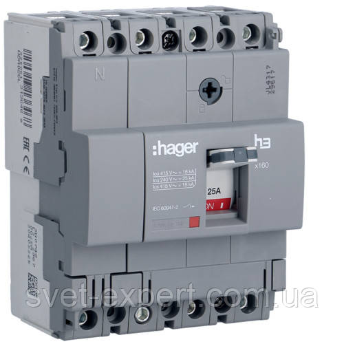 Автоматичний вимикач Hager HDA026L, x160, In=25А, 4 полюси, 18kA, Тфікс./Мфікс., фото 1