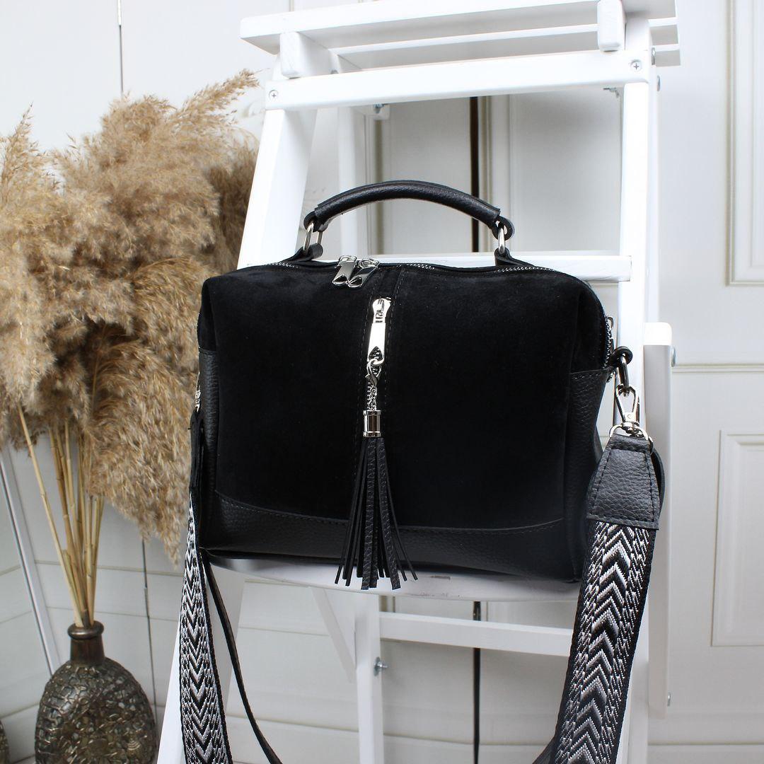 Жіноча сумка валізка з двома ременями комбінована через плече чорна натуральна замша+шкірзам, фото 1