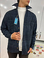 Стильная синяя мужская рубашка из шерсти оверсайз, повседневная мужская рубашка в клетку на осень