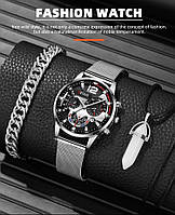 Подарочный набор для мужчин: наручные часы, 1 браслет и 1 ожерелье- диам 4,1 дл. 22см шир рем 2см, без коробки