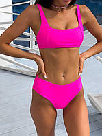 Ярко-розовый купальник для плавания женский раздельный купальник с высокой посадкой. Denwer P Яскраво рожевий