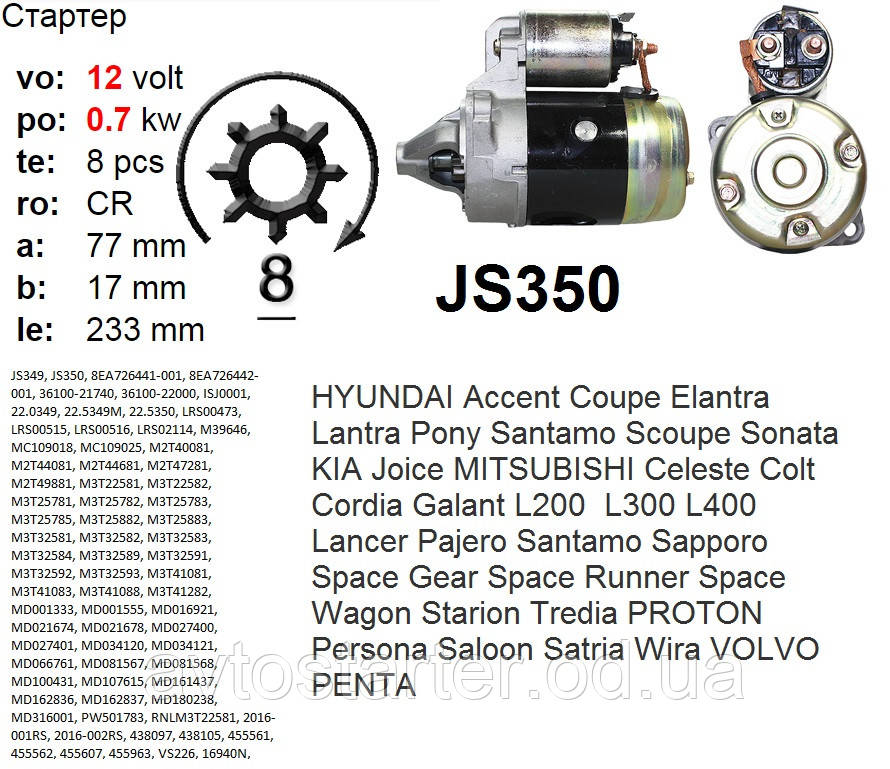 Стартер HYUNDAI Accent Coupe Elantra Lantra Pony Santamo Scoupe Sonata KIA Joice MITSUBISHI Celeste Colt Galan