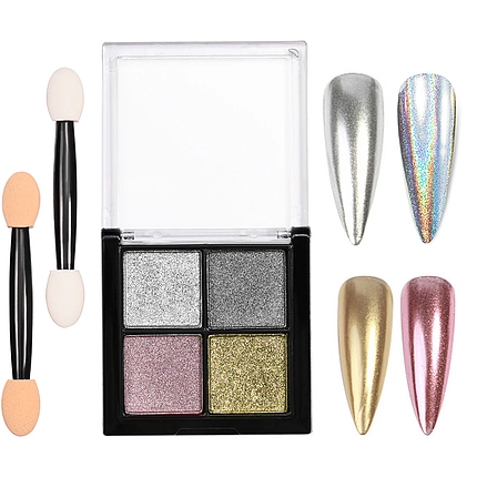 Зеркальна втирка пресована Mirror Glitter на 4 кольори срібло-рожевий-золото-голограма, фото 1