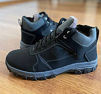 Мужские зимние ботинки из экокожи на молнии на шнурках черные спортивные теплые прошитые ( код 5430 )