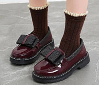 Детские лаковые туфли для девочки, размер 36. Бордовые лоферы с бантом для детей