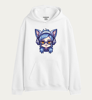 Худі толстовка в білому кольорі  "Дівчина в окулярах і навушниках з вушками"