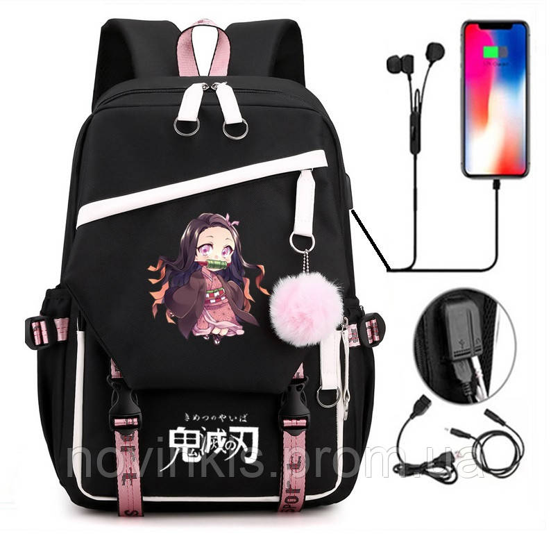 Шкільний підлітковий рюкзак з USB та хутряним помпоном Аніме для дівчинки 5-11 клас - фото 2 - id-p1958144632