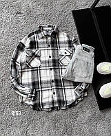 Мужская теплая рубашка в клетку (черно-белая) байковая уютная комфортная осенне-зимняя одежда sR169 L