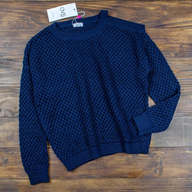 В'язаний синій джемпер светр на дівчинку з відкритим плечем Розмір 9-10 років 140 см, фото 1