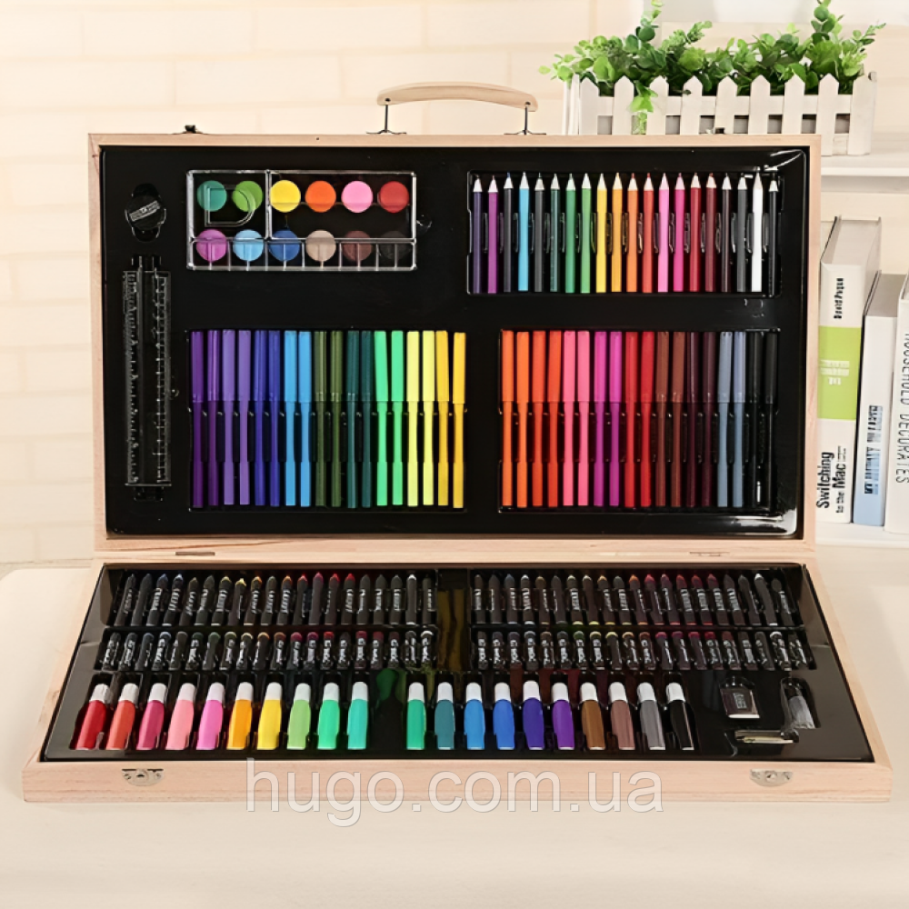 Дитячий набір для малювання 180 предметів у дерев'яній валізці / Художній набір для творчості, фото 1