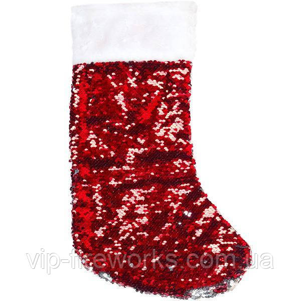 Новорічний чобіт-шкарпетка для подарунків червоного кольору з двосторонніми паєтками 13-57 в упаковці 2 шт