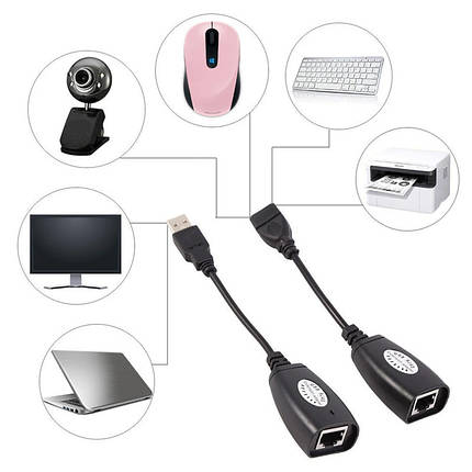 Кабель подовжувач перехідник USB — RJ45 LAN Ethernet до 45 м, 2 шт., фото 1