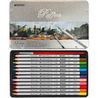 Набор цветных художественных карандашей 12 цветов и кисть в металлической коробке Marco в упаковке 12 шт