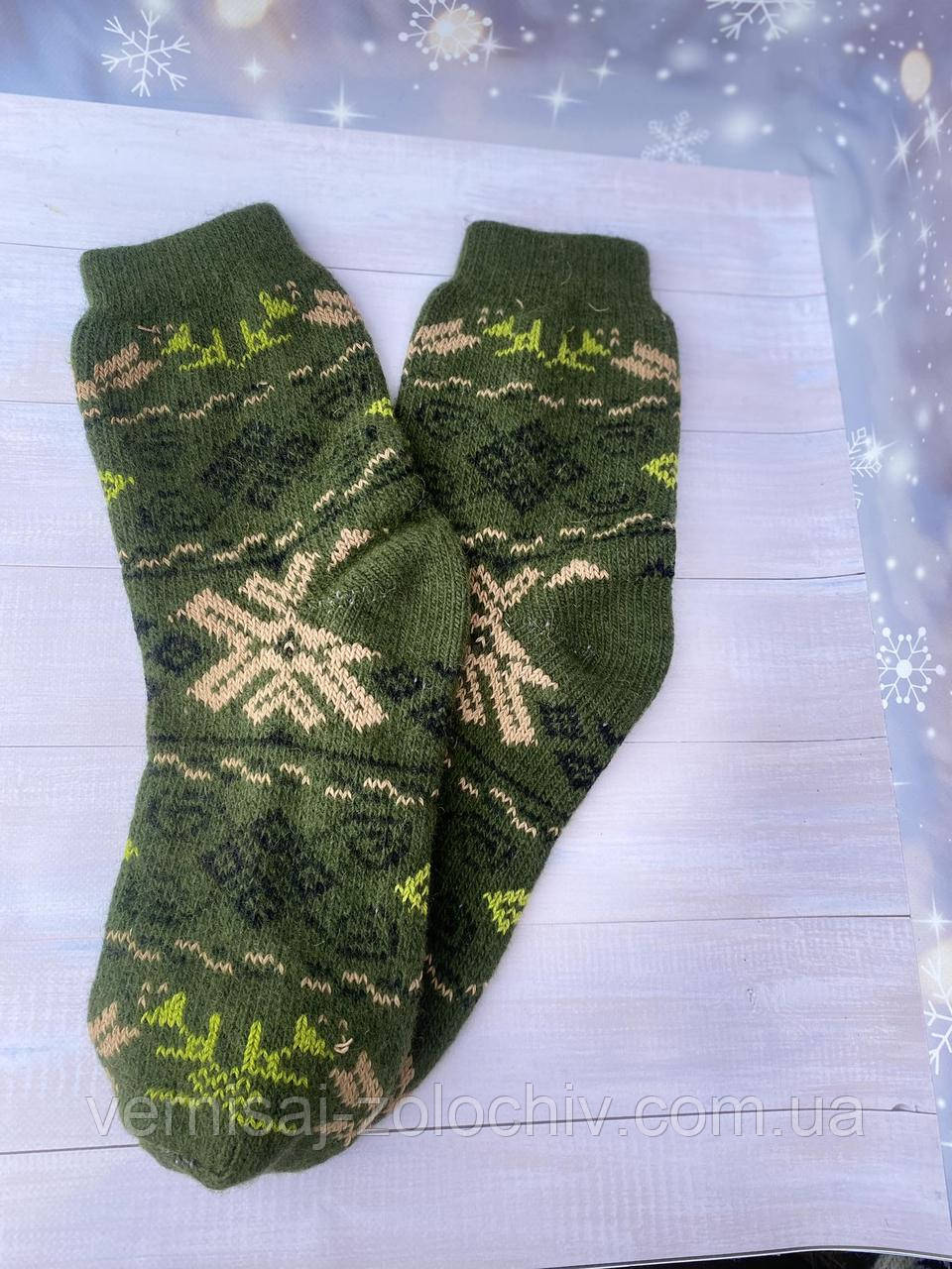 Шкарпетки з вовни чоловічі зелені з коричневим орнаментом