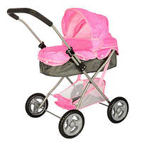 Классическая коляска для кукол с просторной люлькой и складным капюшоном 8826H-2S Розовая с серым
