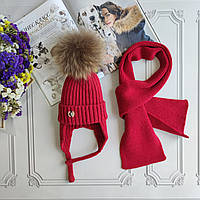 Детская красная вязаная демисезонная шапка c завязками, комплект с шарфом, натуральный бубон
