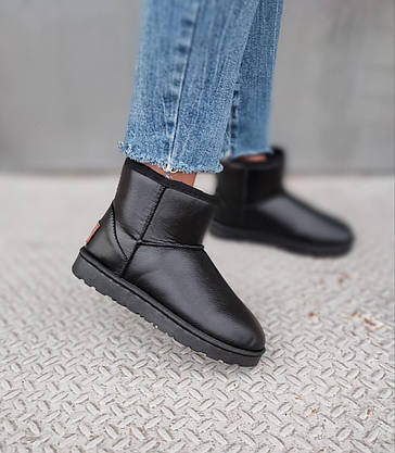 UGG чорні екошкіряні уггі короткі низькі чорні теплі зимові міні, фото 5