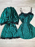 Женский велюровый халат и пеньюар двойка зеленый